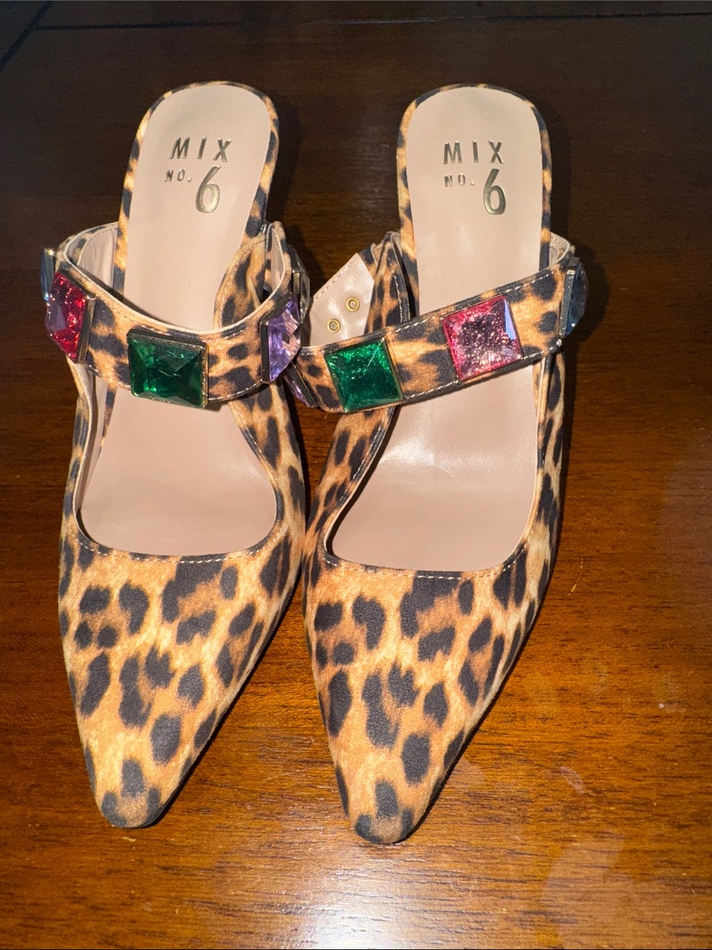 Mix No. 6 Leopard Print Pointed Mules with Multicolored Gem Accents